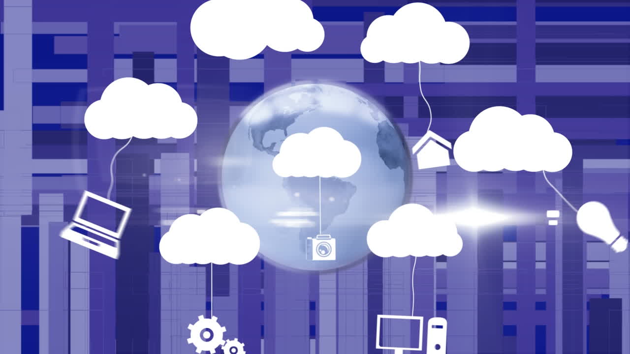 animación de nubes digitales, giro del globo y red de conexiones sobre fondo azul