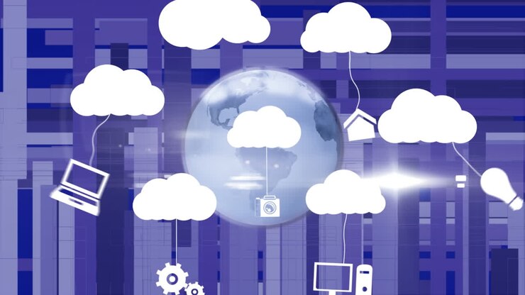 Animation of digital clouds, globe spinning and network of connections over blue background