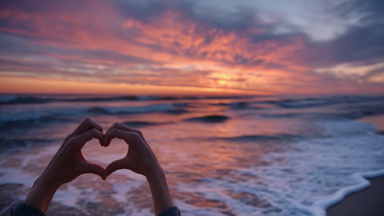 Een Prachtig Zonsondergangmoment Vastgelegd door Handen die een Hartvorm Creëren Tegen de Levendige Lucht en Oceaan Golven, Gevoelens van Liefde en Rust Oproepend