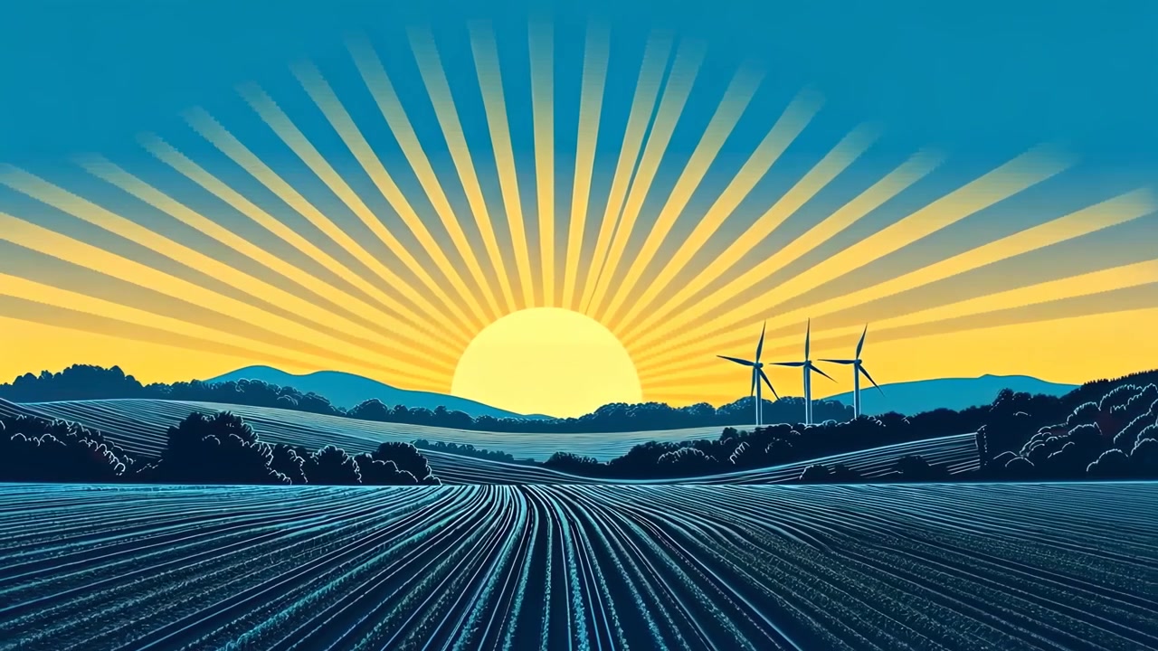 Illustrazione stilizzata di turbine eoliche in un campo all'alba