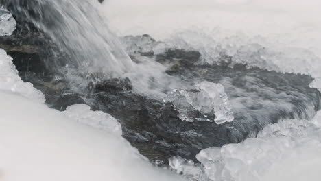 Nahaufnahme-Von-Wasser,-Das-Von-Einem-Kleinen-Wasserfall-In-Einem-Verschneiten-Wald-Fällt-1