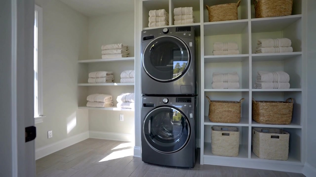 Panning camera through doorway moving forward, showing stacked dark washer or dryer with white towel