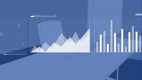 animación de procesamiento de datos sobre el escritorio con computadora sobre fondo azul