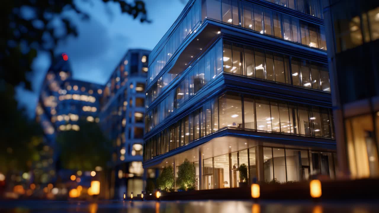 Exterior elegante y moderno de edificio de oficinas iluminado por la noche con ventanas iluminadas y entorno urbano circundante en un paisaje urbano