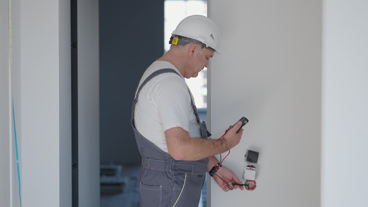 A man electrician in a helmet in the apartment checks the work of sockets and switches after repair