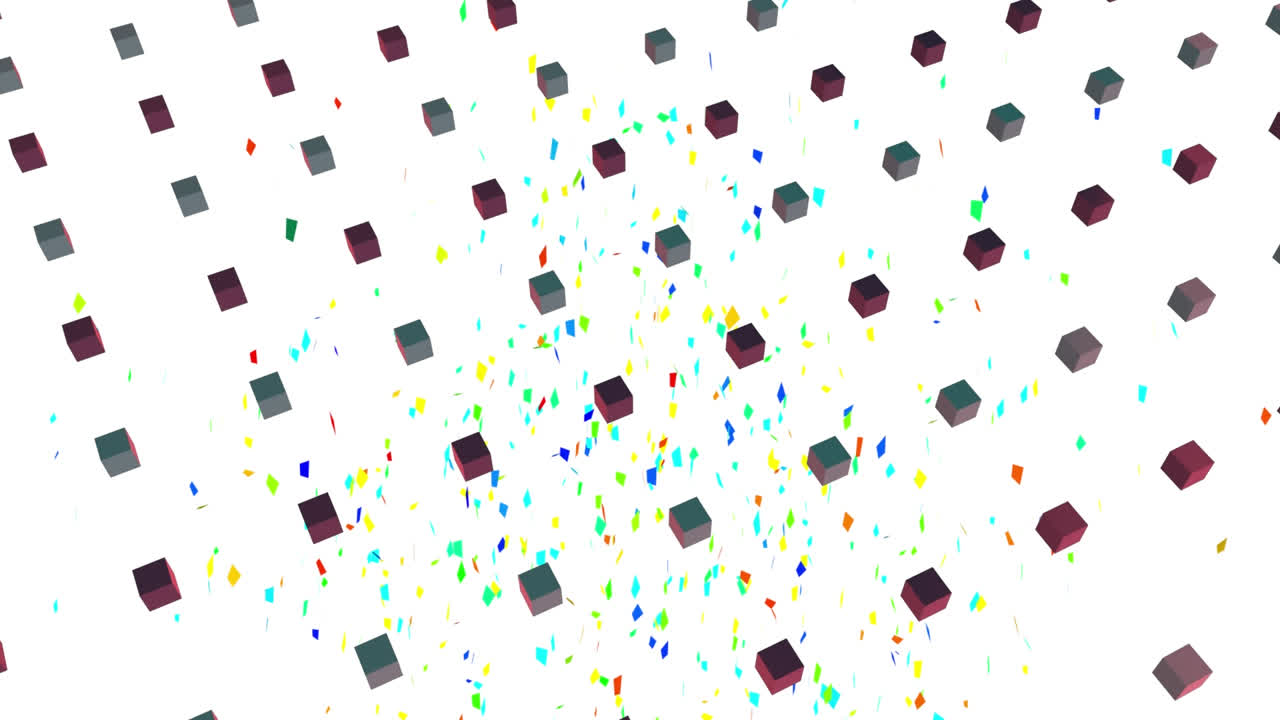 Animation of colorful geometrical and confetti falling shapes over white background