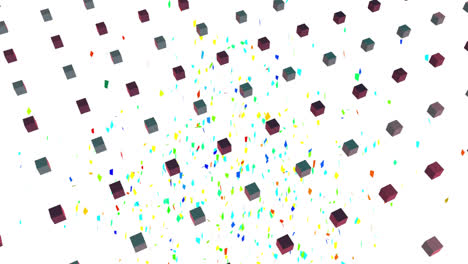 animation of colorful geometrical and confetti falling shapes over white background