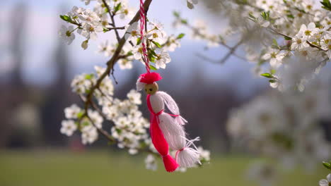 a blossoming tree with white flowers and a martenitsa hanging