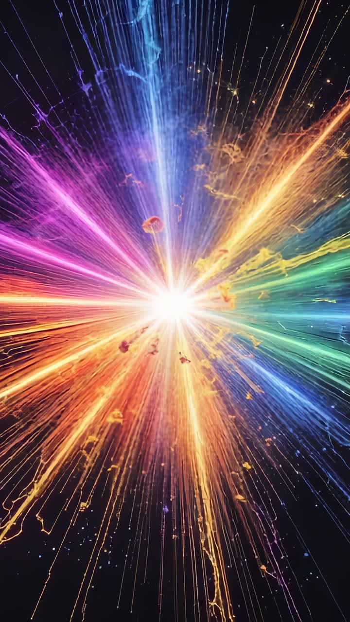 Vertical video: Emitting white light spawning colorful rays and drifting particles in void