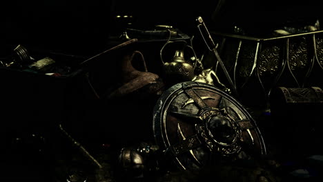 ancient treasures and artifacts displayed in a dimly lit cavern