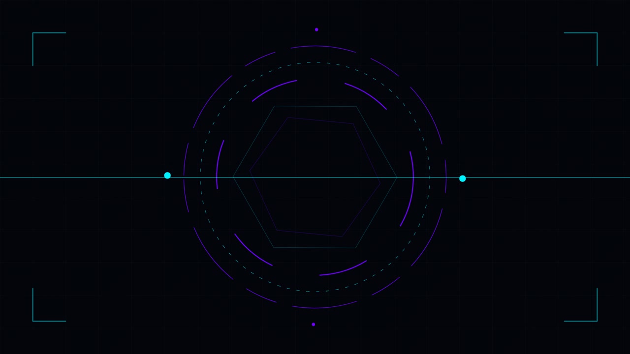 Abstract Digital HUD Interface with Rotating Hexagon and Circular Elements