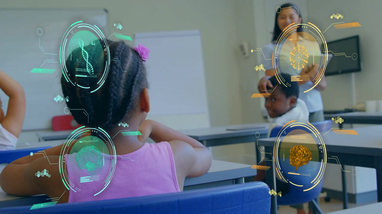 Girl in pink sitting at desk, teacher presenting tablet, HUD highlighting DNA helix for education