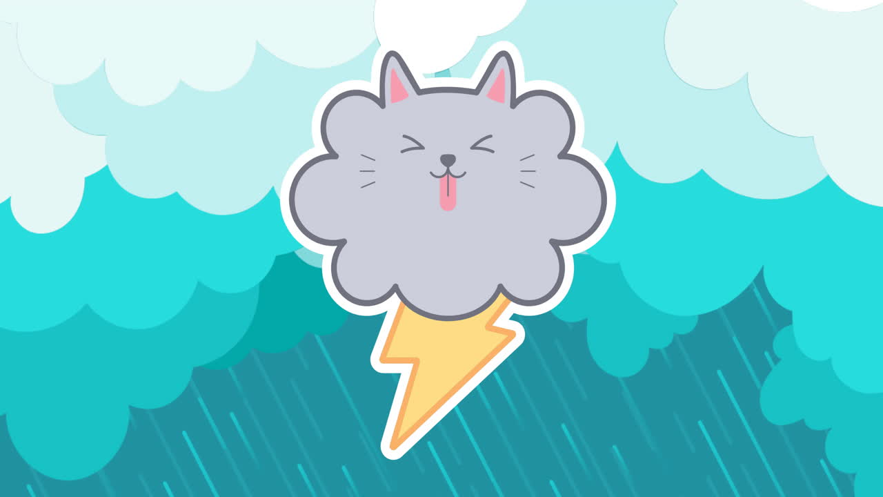 구름 위의 천둥과 배경에 비가 오는 귀여운 구름의 애니메이션