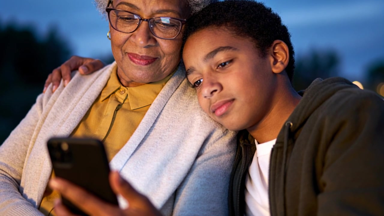 Holding phone grandma and boy leaning together in park at dusk, wearing mustard top, comforting boy