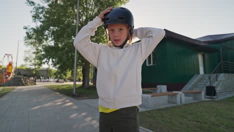 child wearing a helmet in a park