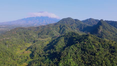 Camera-is-flying-above-tropical-forest-on-hill-against-blue-sky-with-mountain-on-the-background,-Sumbing-Mountain,-Indonesia