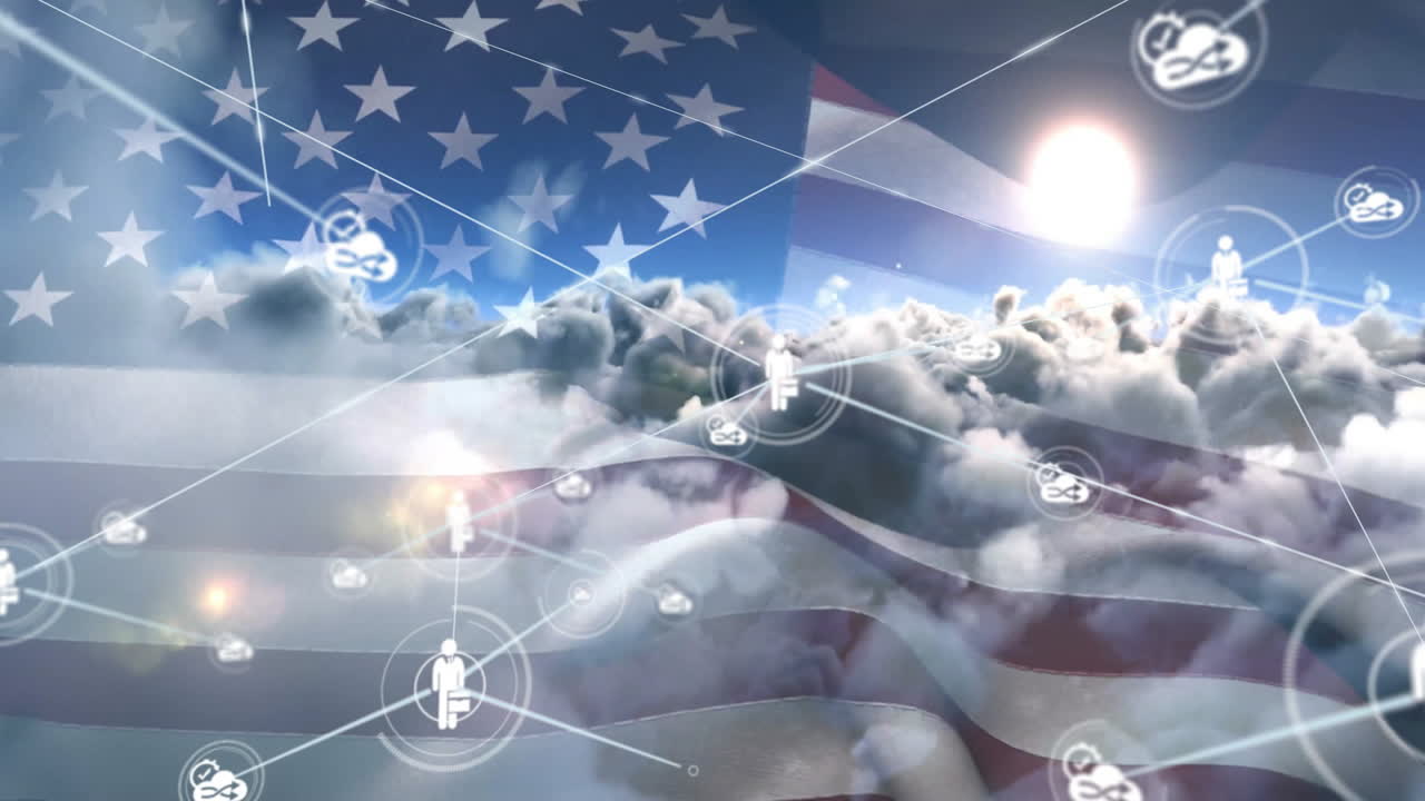 American flag with cloud network and digital connection icons in animation style