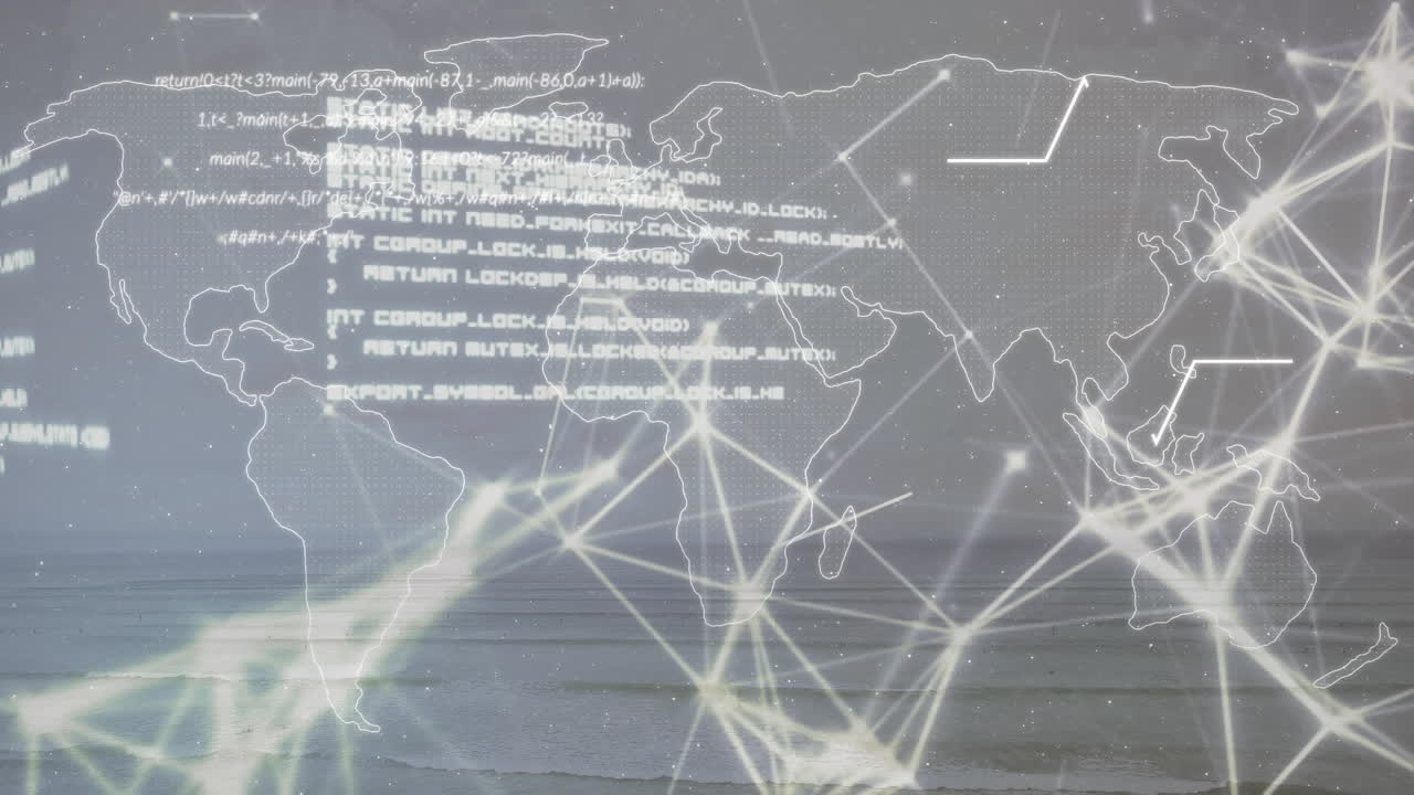 데이터 처리의 애니메이션과 해변 위의 세계 지도