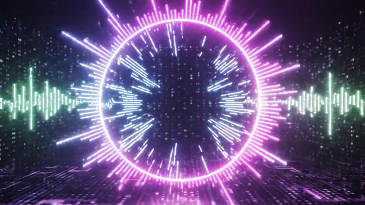 Una visualizzazione ipnotizzante che mostra una vibrante forma d'onda circolare con luci pulsanti, colori alternati e uno sfondo digitale dinamico, creando un'esperienza audiovisiva accattivante.