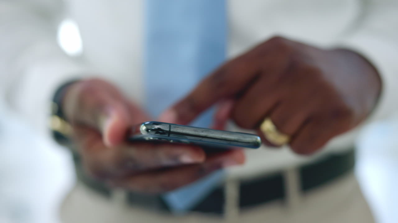 Hands, smartphone and black man scroll social
