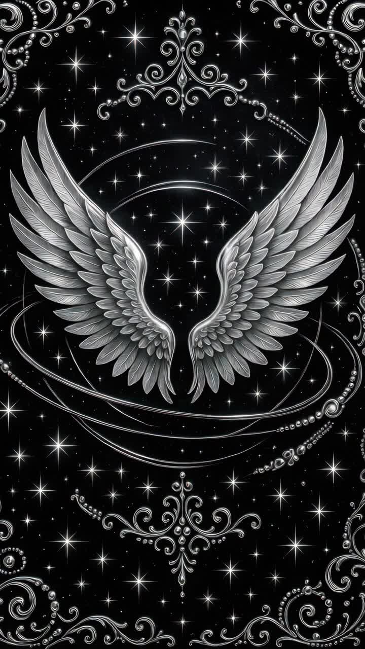 Aerial view of silver angel wings against a starry black background, creating a celestial