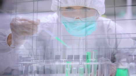 animation of a scientist pouring liquid into test tubes over people on a street.