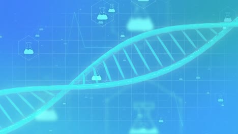 animation of 3d micro of dna strand and chemistry icons on blue background