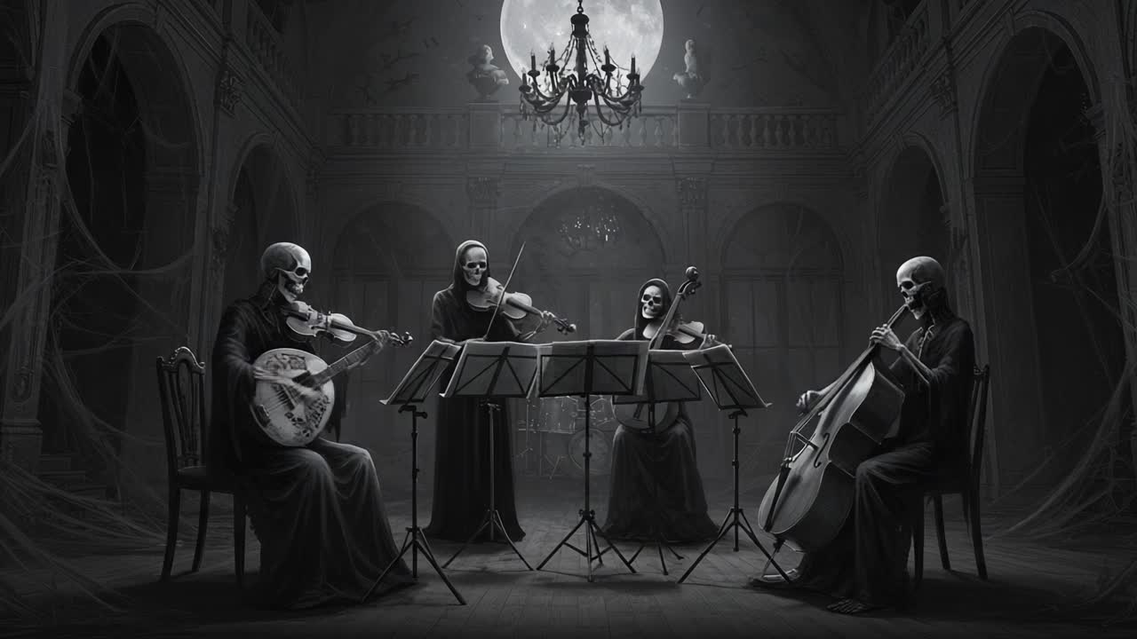 A hauntingly beautiful quartet of skeletal musicians perform in a dimly lit, cobweb-filled hall under the glow of a full moon, capturing the eerie essence of the night