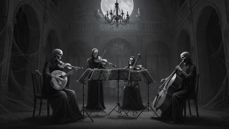 a hauntingly beautiful quartet of skeletal musicians perform in a dimly lit, cobweb-filled hall under the glow of a full moon, capturing the eerie essence of the night