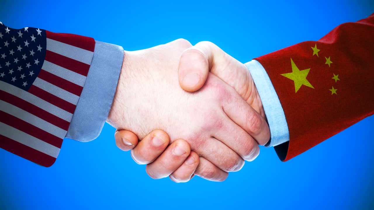 United States - China / Handshake concept animation about countries and politics / With matte channel