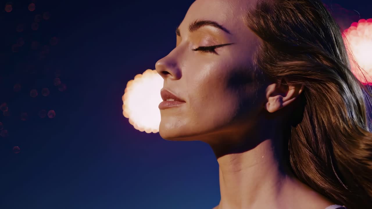 mujer mirando hacia el cielo, experimentando una profunda maravilla durante una espectacular exhibición de fuegos artificiales, silueta contra el cielo nocturno luminoso, capturando un momento sereno de asombro y belleza impresionante