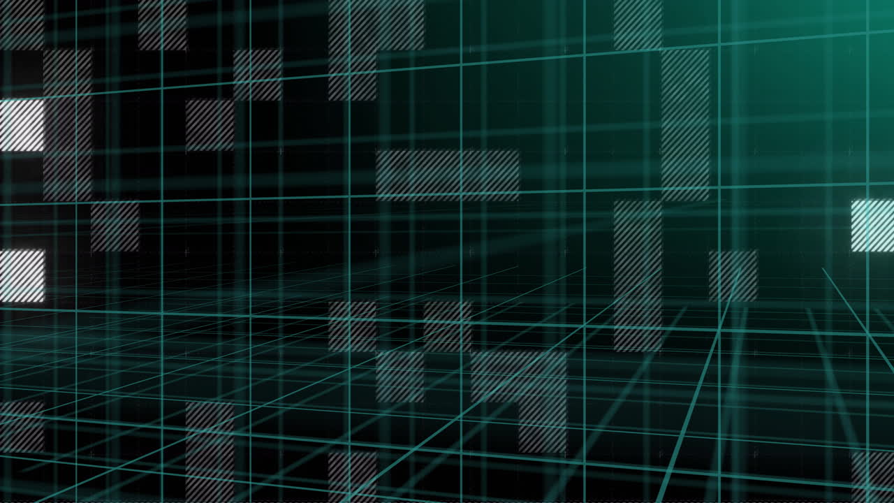 Digital grid and data blocks animation over dark green background