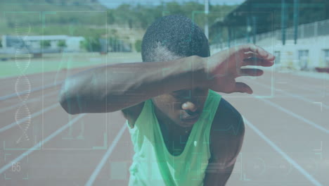 athlete on track with dna and data processing animation overlay