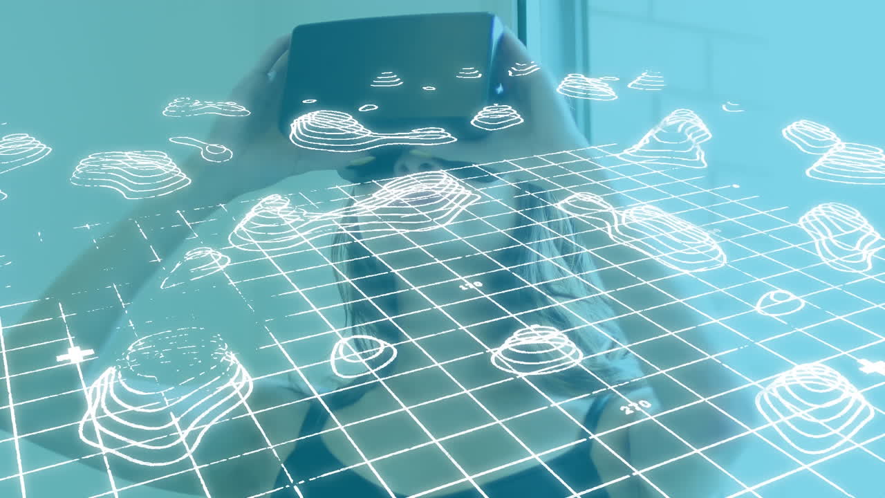 지도의 선을 가진 그리드에 맞춰 가상 현실 헤드 ⁇ 을 착용한 여성의 애니메이션