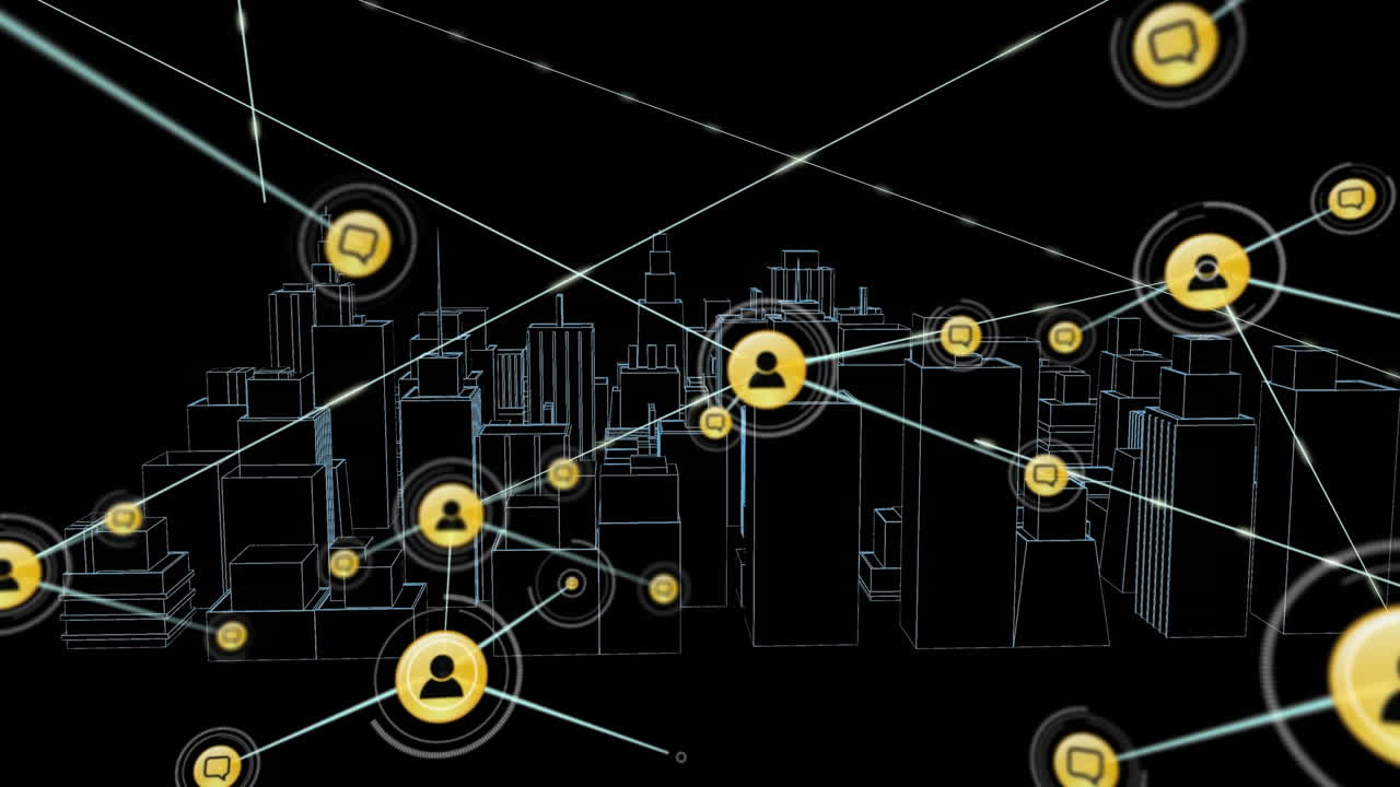 Animazione di reti di connessioni con icone su un disegno 3D di città che ruota su sfondo nero