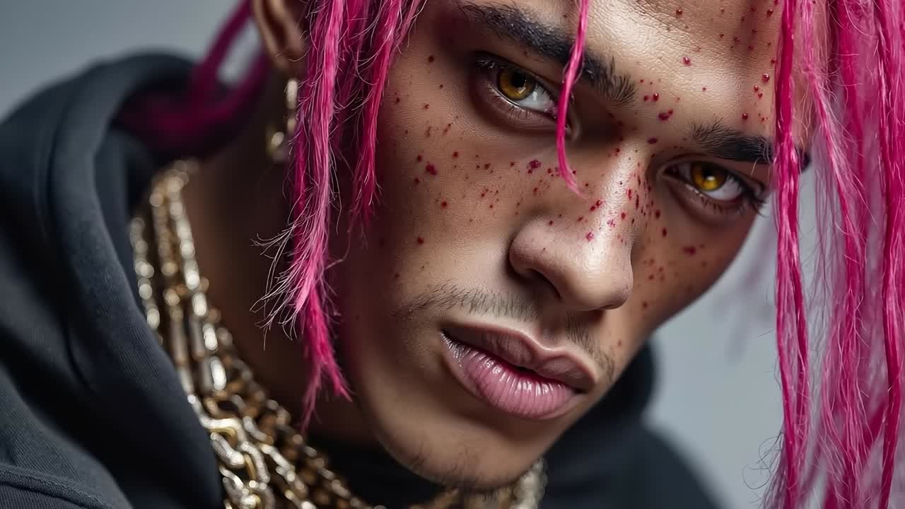 A young man with pink hair and a gold chain around his neck