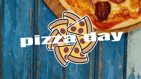 animation of pizza icons and pizza day text over fresh pizza