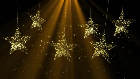 animatie van kerstgouden sterren en sneeuw die op bruine achtergrond valt.