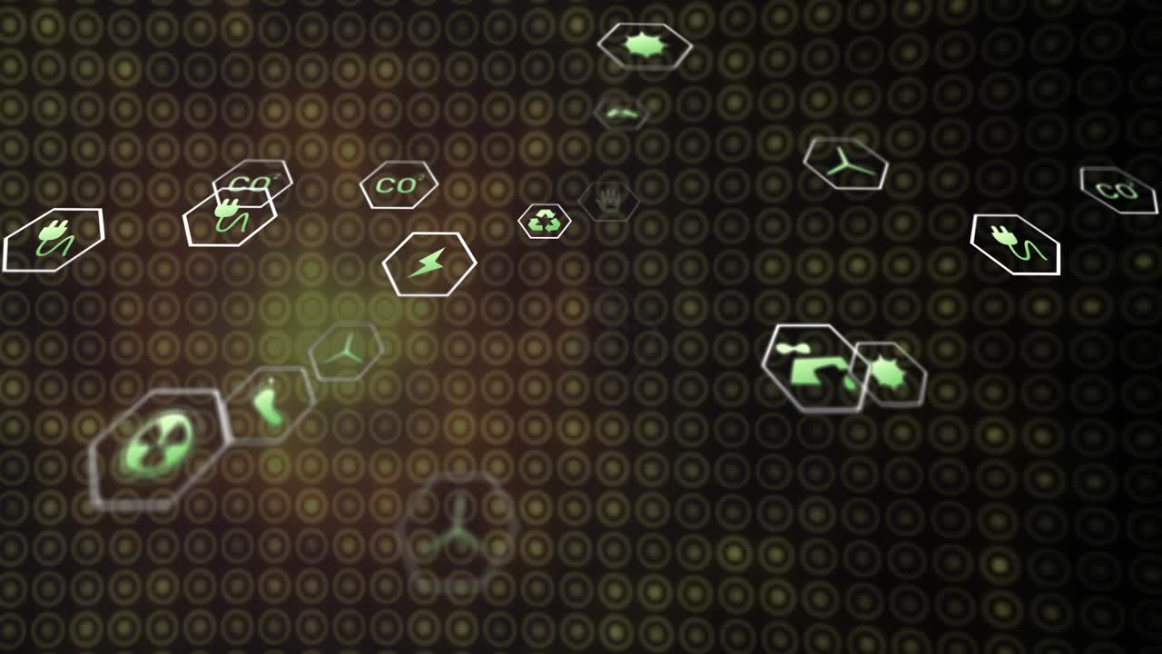 Floating hex icons drifting and clustering after amber-green glow pulsing, visualizing carbon data