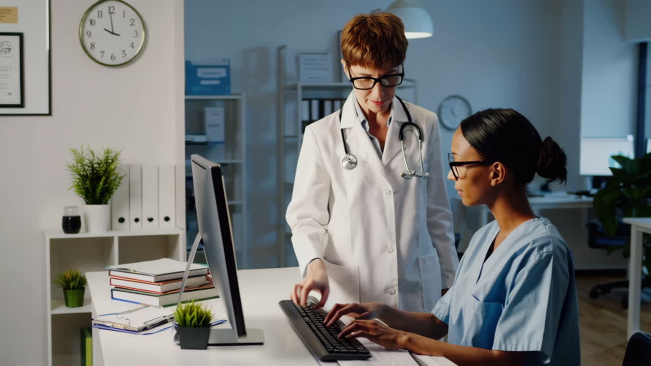 Medical Professionals Working Together at a Computer in a Clinic