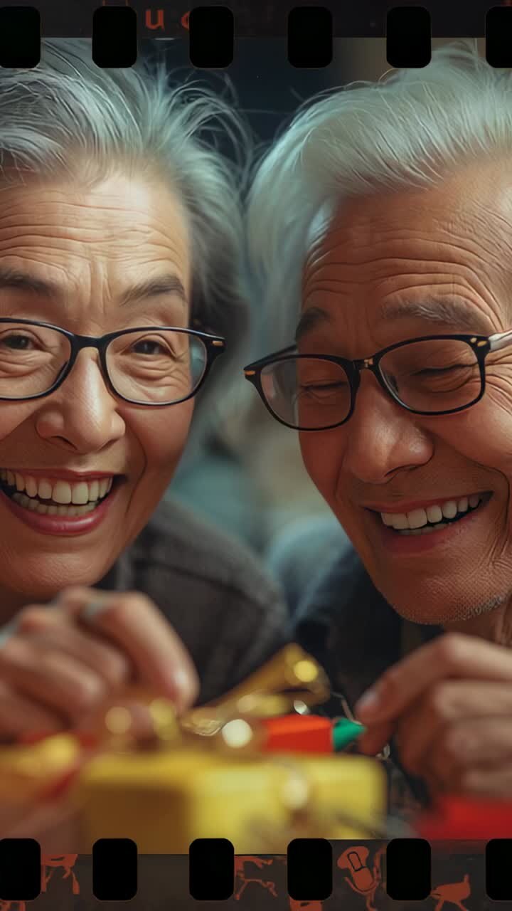 Vertical video: Spotting gold ribbon on gift box, senior couple untying bow at home to open gift