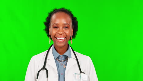 Gesicht,-Lächeln-Und-Eine-Schwarze-Ärztin-Auf-Einem-Grün