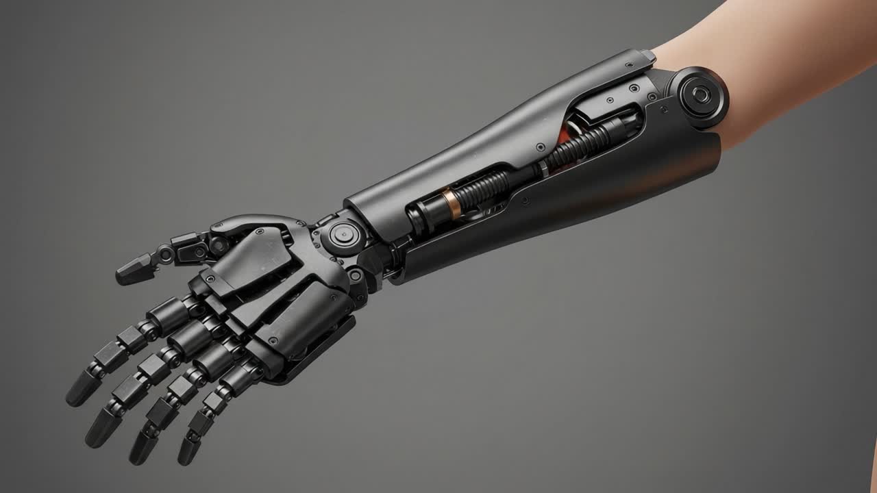 Advanced Robotic Prosthetic Arm Showcasing Cutting-Edge Technology and Precision Engineering for Enhanced Human Functionality and Mobility in a Futuristic Design