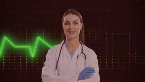 Animación-Del-Monitor-De-Frecuencia-Cardíaca-Contra-El-Retrato-De-Una-Doctora-Caucásica-Sonriendo