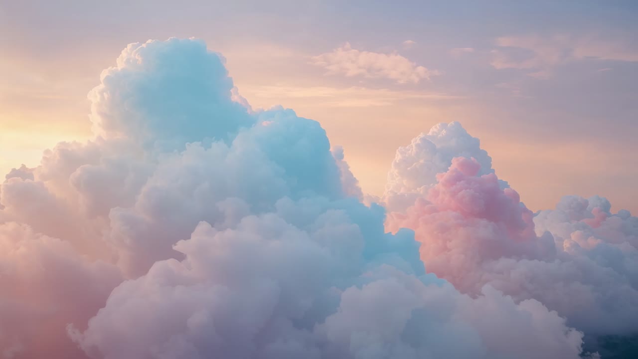 Opening shot showing tall pastel cumulus cloud panning right at sunrise, revealing pink sky