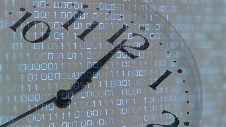 Clock starting near 12, hands rotating while binary stream shifting, visualizing time-data flow