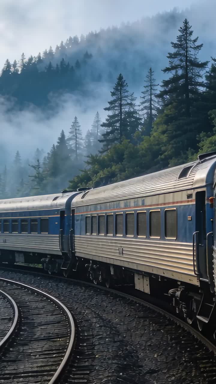 Moving silver-blue passenger train rounding left-curving mountain rails, with fog and conifers