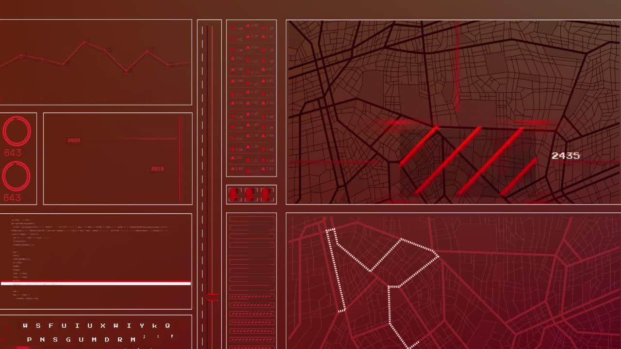 Animation of digital maps and computer data processing over dark background