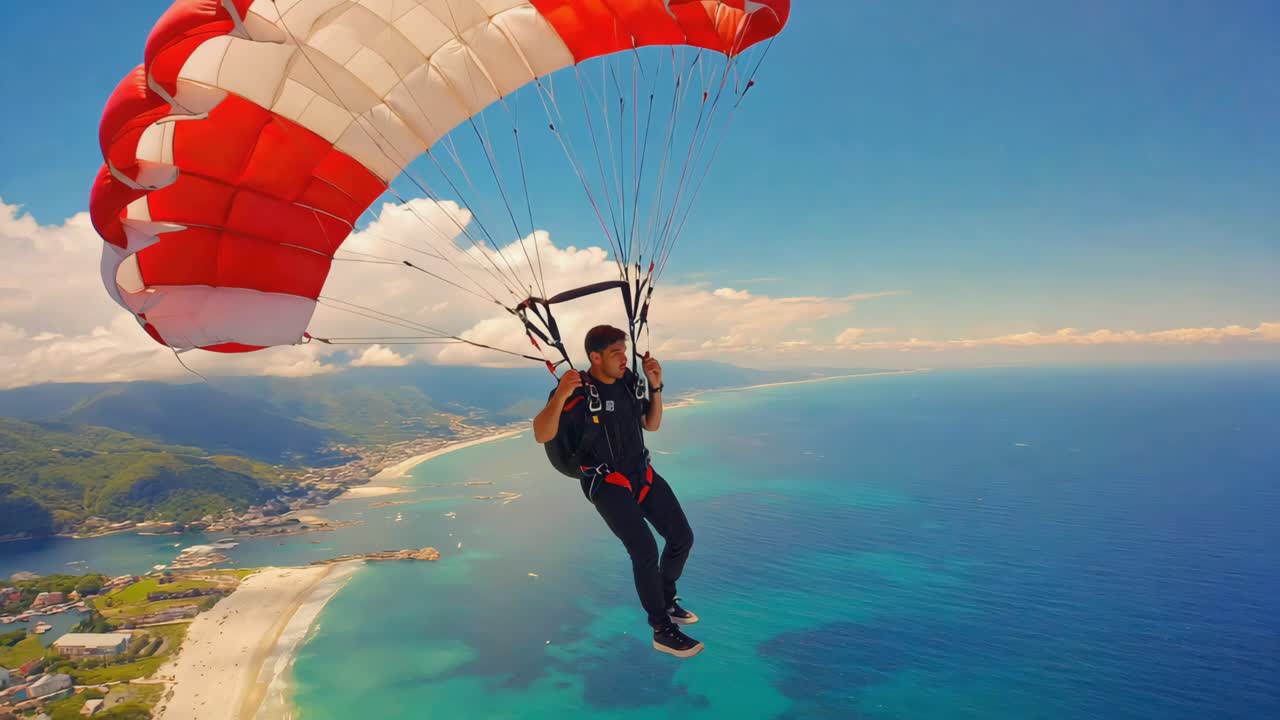Man Skydiving Over Beautiful Coastline