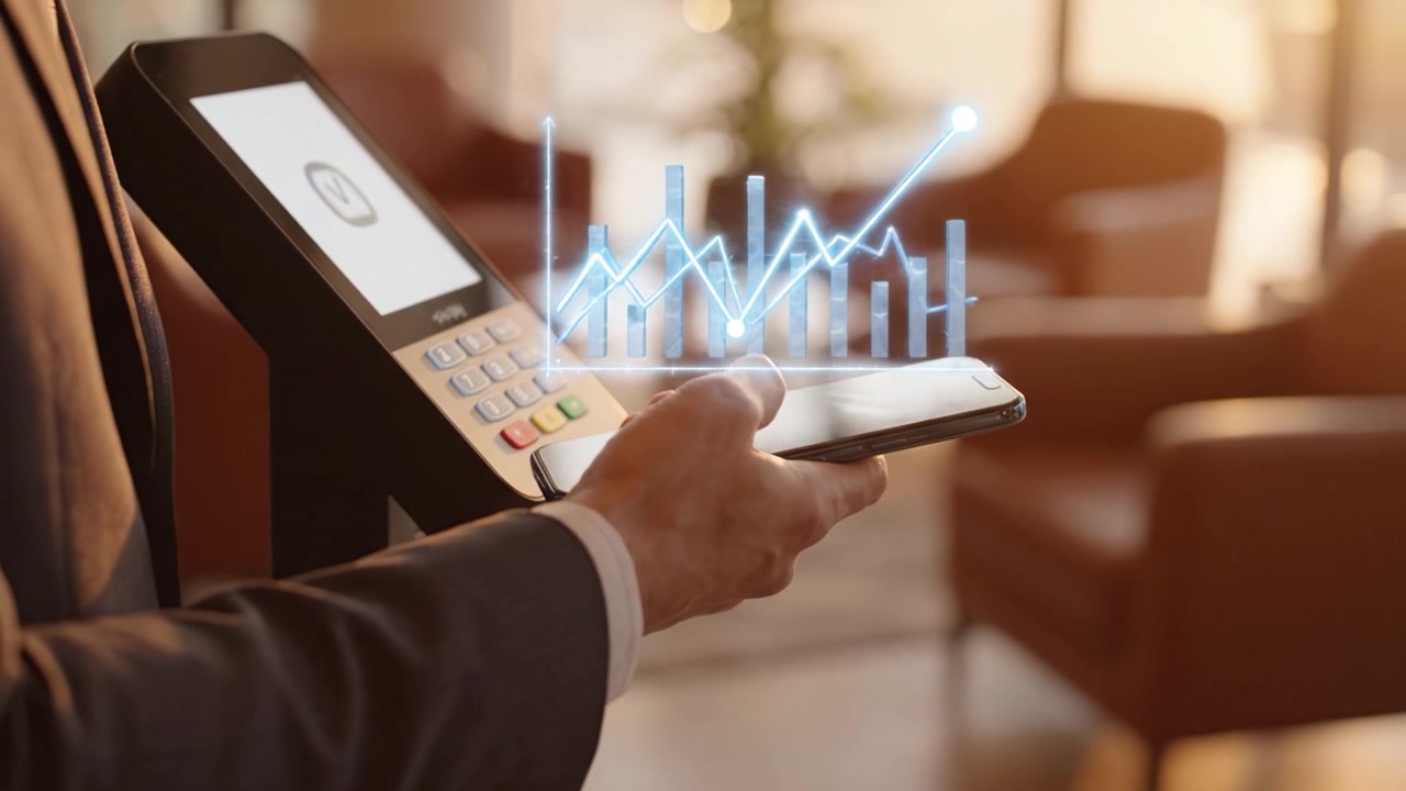 Mobile Payment Confirmation: A User Engaging with a Contactless Payment Terminal and Achieving Successful Transaction Feedback in a Modern Setting